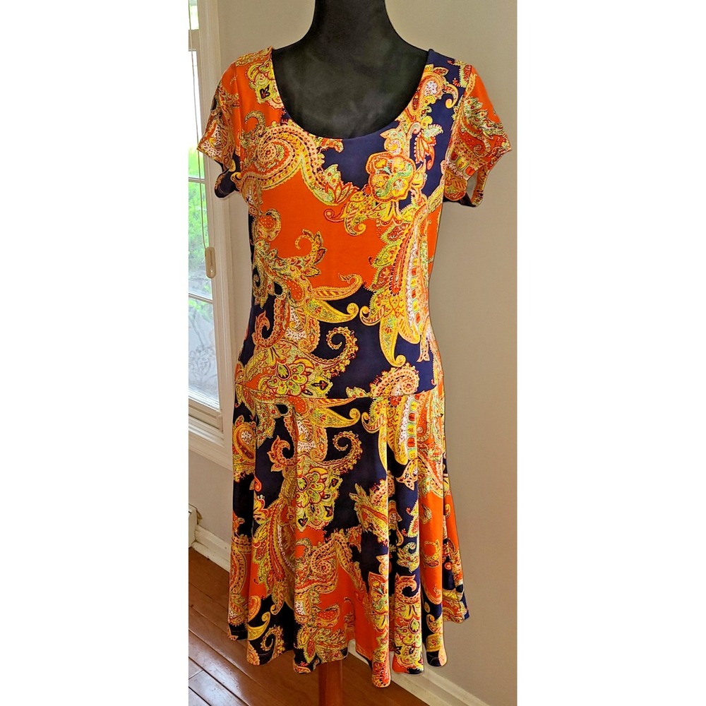 LAUREN RALPH LAUREN Women Mini Fit& Flare Dress Floral Crew Neck Large NavyGold